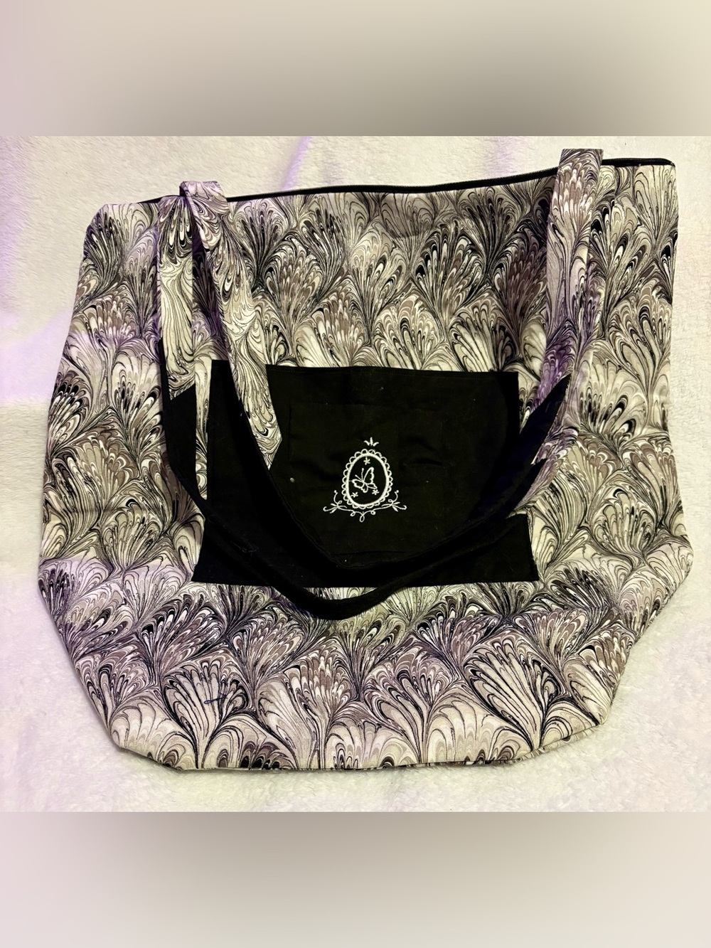 Swirl Print Tote Bag with Black Accent Pocket & 6 Slip Pockets in Interior